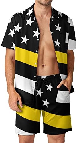 ארהב דגל קו צהוב דק תלבושות חוף של גברים 2 חלקים כפתור הוואי למטה חולצה עם שרוול קצר וחליפות מכנסיים קצרים