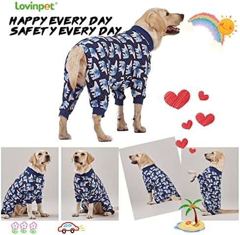 Lovinpet Pajamas כלבים גדולים, לאחר הניתוח הגנה על UV, הדפס משולש כחול, חולצת סוודר כלבים גדולים קלים, כיסוי מלא ג'אמי כלבים גדולים, מחמד