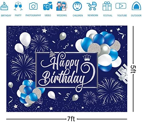 יום הולדת שמח רקע באנר כחול וכסף יום הולדת שמח סימן נצנצים בלון זיקוקין סימן יום הולדת רקע תמונה רקע מסיבת יום הולדת אספקת קישוט לילדים