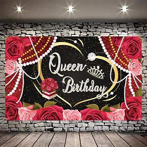 אדום עלה יום הולדת מלכת רקע עבור ליידי מלכת נשים מסיבת יום הולדת קישוטי גליטר יום הולדת למבוגרים נשים בנות מסיבת עוגת שולחן באנר יום הולדת