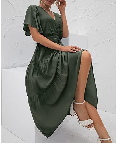 AMXYFBK לצבע אחיד של נשים טלאים שמלת שרוול קצרה שרוול v שמלות זורמות צווארון פרוע שמלה אלגנטית לנשים 2023