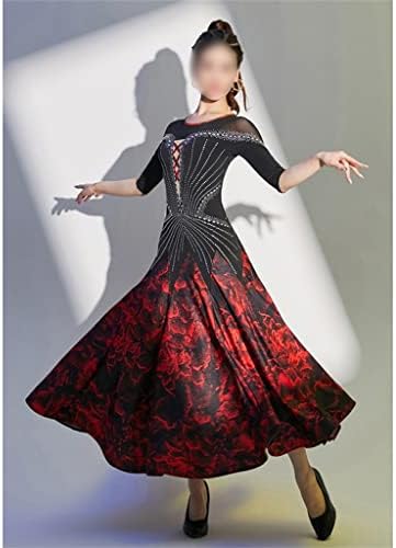 Jkuywx נשי נשפים ריקוד שמלת שמלת חצי שרוול וולס תחרות תלבושת רשת טנגו בגדי ריקודים