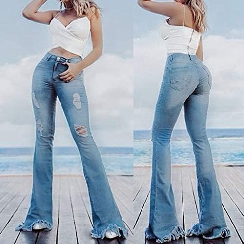 ג'ינס לריאו לנשים מותניים גבוהות כפתור כפתור פעמון פעמון תחתון במצוקה מכנסי מכנסי מכנסי מכנסיים
