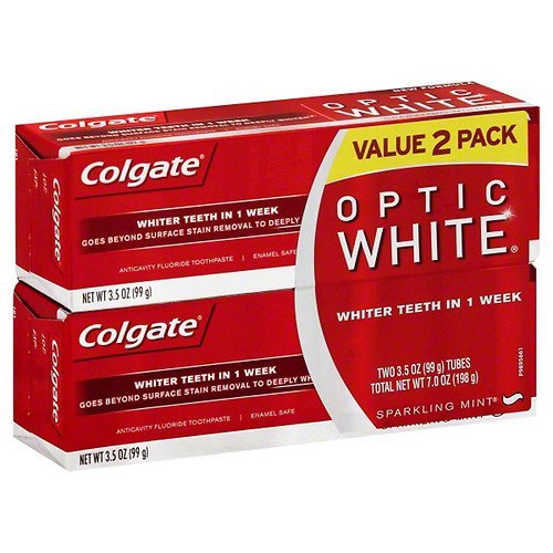 Colgate Optic White anticavity flueoride משחת שיניים, חבילת תאומים, 2 צינורות 3.5 גרם, נענע נוצצת, 2 ea