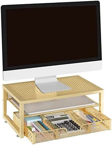 פשוט במגמת-מתכת צג מעמד משכים שולחן מחשב ארגונית עם מגירה עבור מחשב נייד, מחשב, איימק, זהב צהוב