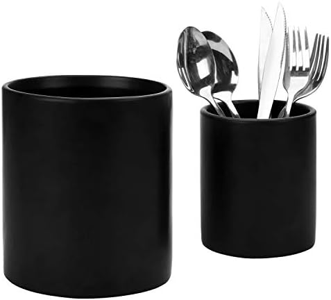 סט של 2 שחור קרמיקה תשמיש מחזיק מטבח מיכל בישול כלים חרס, גדול וקטן השיש כלי כסף נושא כלים
