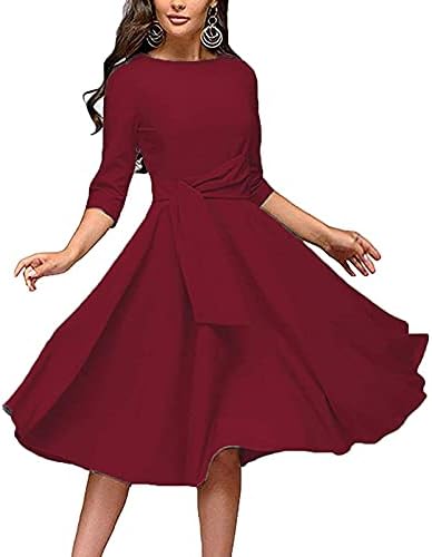 אלגנטיות לנשים שמלת מידי שמלת צוואר עגול 3/4 שרוול סולידי פלוס שמלות נדנדה בגודל לנשים שמלות א-קו וינטג '