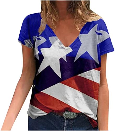 נשים עמוק V Spandex T Spandex חולצת טרקלין צמרות טייז שרוול קצר צבע חילול דגל אמריקאי חולצה UC