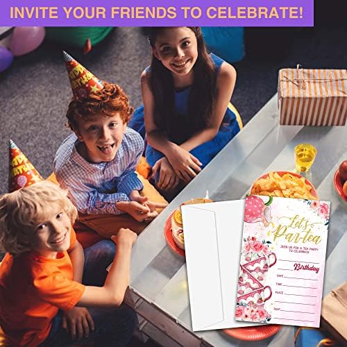בואו הזמנת יום הולדת של פאר-תומה, סומק כרטיסי הזמנה למסיבת תה פרחוני לילדים, בנות, 20 מזמנות מילוי עם קישוטי מעטפות-מפלגה וקישוטים-A18