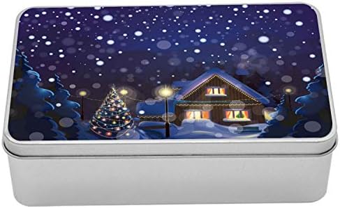 קופסת פח לחג המולד של אמבסון, נוף כפרי ליל החורף עם בית קטן בין עצי אורן ושלג, מלבן נייד מארגן מתכת קופסת אחסון עם מכסה, 7.2 x 4.7 x 2.2