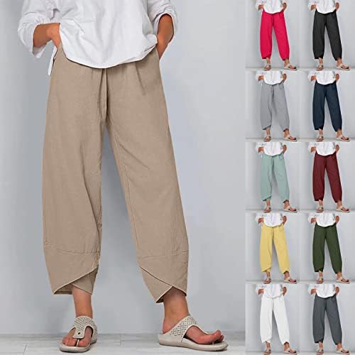 מכנסי פשתן של Uofoco לנשים מותניים אלסטיים מזדמנים מכנסיים רחבים וקצוצים עם כיסים