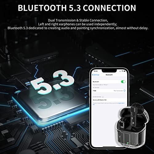 אוזניות אוזניות אלחוטיות של Phocar Bluetooth 5.3, Audifonos Bluetooth Inalambricos עם עיצוב שקוף, בקרת מגע, אוזניות Bluetooth אטומות לזיעה