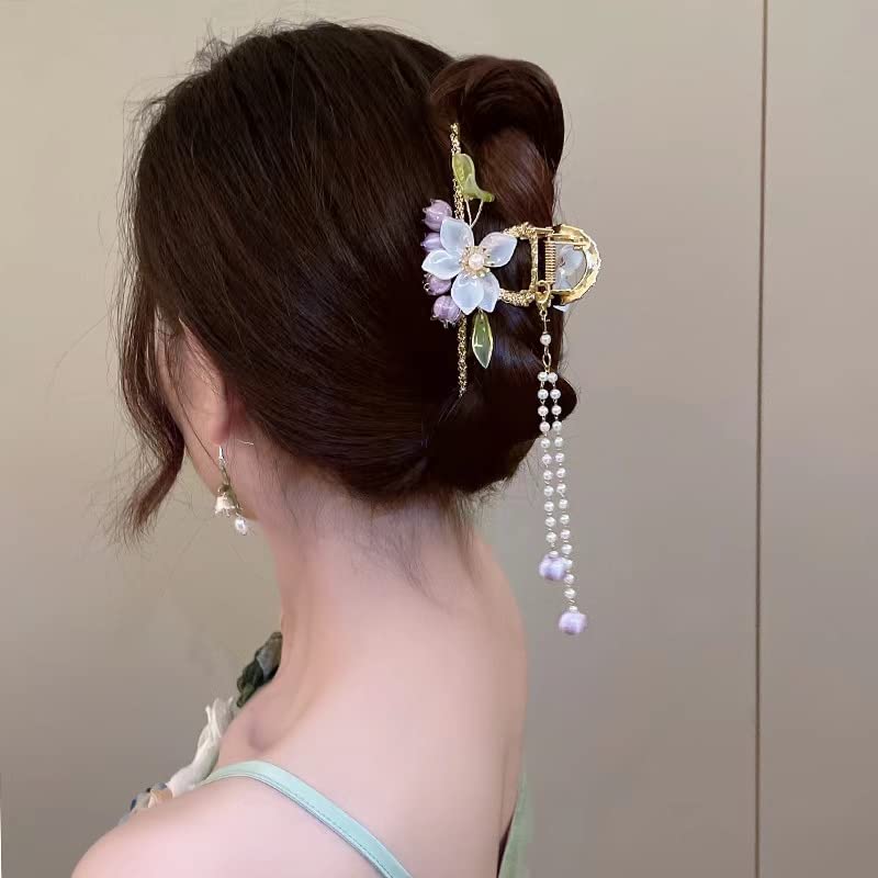 Ruiyang Retro Pearl Crystal Crystal כותרת שיער מתכת קליפ טופר עם עלה פרח ציצית ארוכה ציצית לסת גדולה מהדק מלטה חמוד לנשים אריזת קופסאות