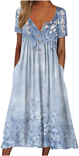 נשים של שמלה בוהמי קיץ פרחוני מודפס כפתור למטה מידי צוואר קצר שרוול מזדמן שמלות עם כיסים חוף שמלה