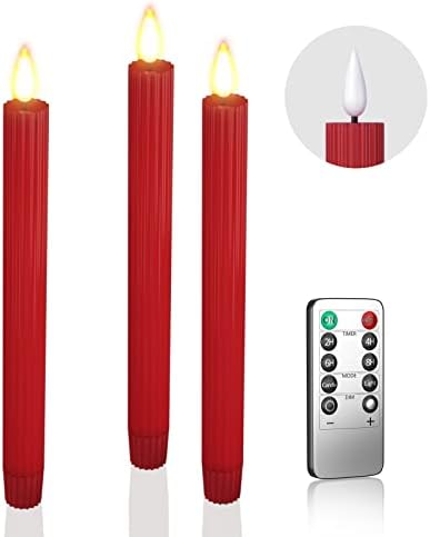 PCHERO אדום נרות מחודדים ללא פלמוס עם טיימר מרחוק, 3 חבילות 9.5 סוללת שעווה אמיתית המופעלת פמוטים LED להבהב לחג המולד לחג המולד לחתונה