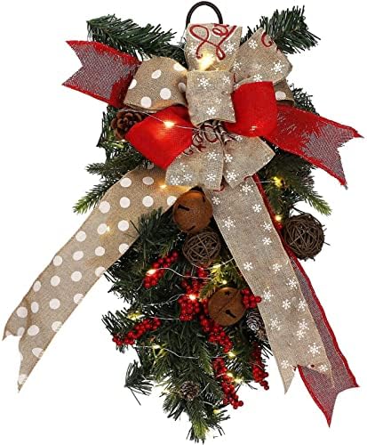 23 אינץ 'חג המולד מלאכותי דמעה שקעי דמעה עם אור LED תלוי זר חג מולד עם פעמוני קשתות חג המולד שביני פרחים לחג המולד לדלת הכניסה קיר עיצוב