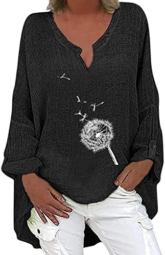 Camiseta Manga Larga Color Liso Para Mujer Túnica Ocio Blusa Cómoda Cuello en v Camiseta Sin Mangas algodón y Lino,