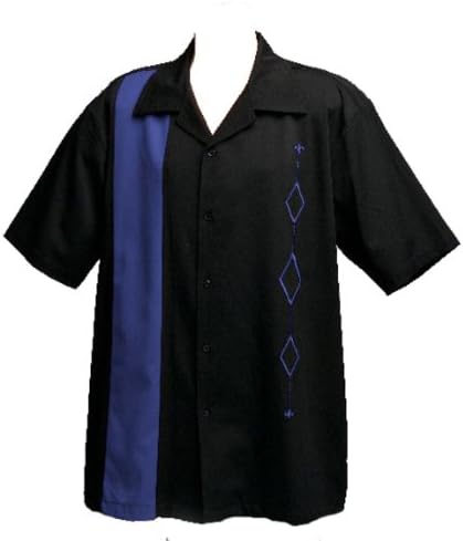 חולצת באולינג רטרו של גברים, גדולה גבוהה, כחול מלכותי על שחור