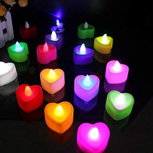 24 יחידות צורת נרות אלקטרונית בצורת לב רב -צבעוני LED נרות חסרי תקע קל מתנה ולנטיין אורות דקורטיביים רומנטיים לחגיגת פסטיבל עיצוב מסיבת