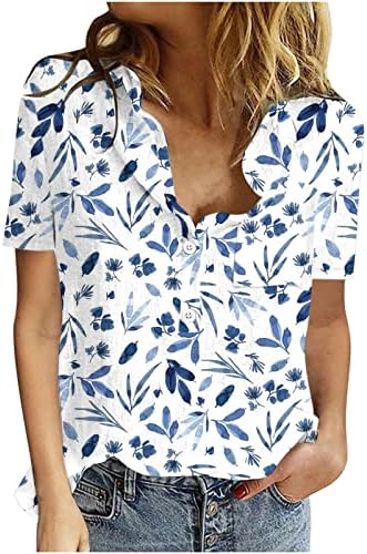 נשים שרוול קצר חולצות קיץ פרחוני מתגנדר טוניקת חולצות כיסים צווארון יומי רופף מתאים כפתורים עם צוואר חולצות